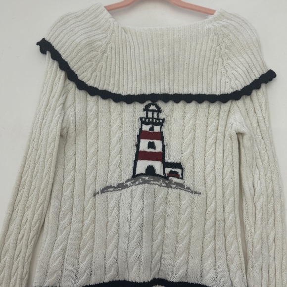 Anthropologie Cream Cable Knit Cardigan with Black Trim - Picture 2 of 3